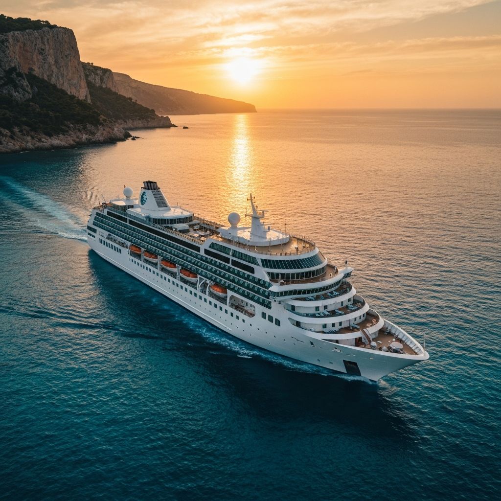 Luxury cruise ship sailing through crystal clear waters at sunset